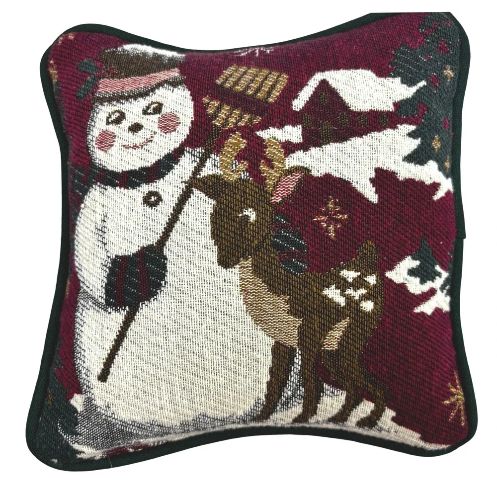 Christmas Tapestry Snowman Reindeer Small Decorative Pillow Red Green 8x8